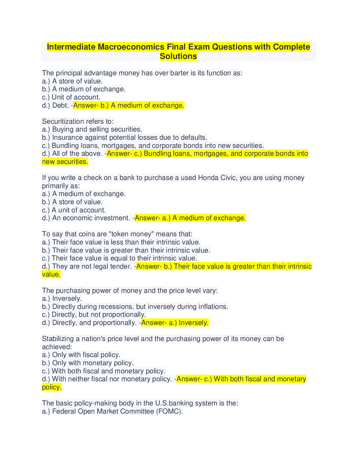 Preview image of Intermediate Macroeconomics Final Exam Questions with Complete Solutions document